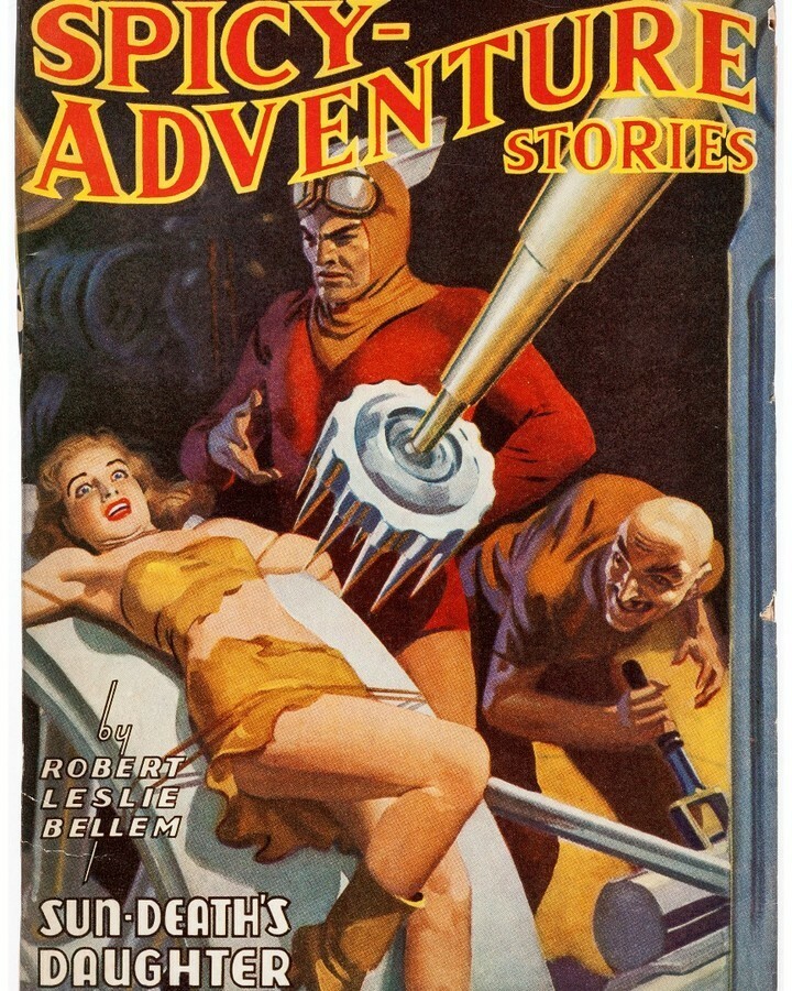 What is the villain wearing in this painting that graced the April 1941 cover of Spicy Adventure Stories? Is he torturing the girl because he wants access to her wardrobe? Also, why do so many villains have henchman who are hunchbacks?