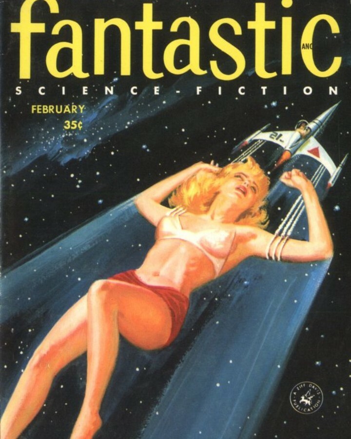 Is this woman really big or the spaceship really small? In either case, I suppose that means the magazine is well named – Fantastic!