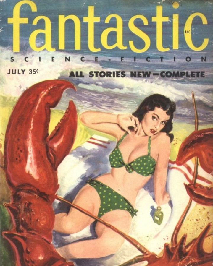 I have a seafood allergy so I can definitely relate to this July 1957 Fantastic magazine cover painted by Leo Summers that depicts a giant lobster bothering a sunbather on the beach.